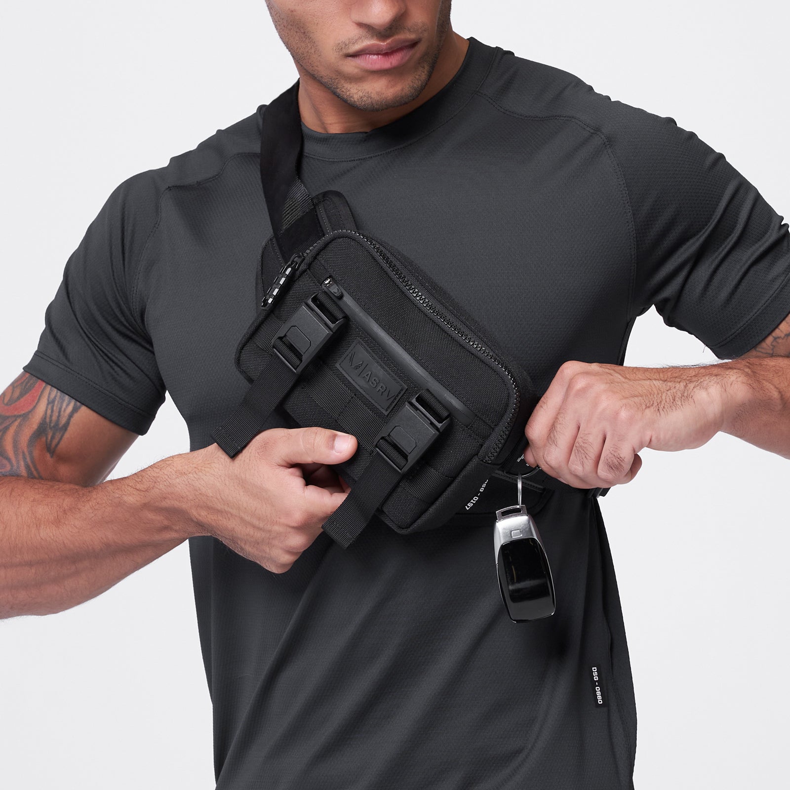 Waterproof Cordura® Small Crossbody Bag in Black, worn across chest