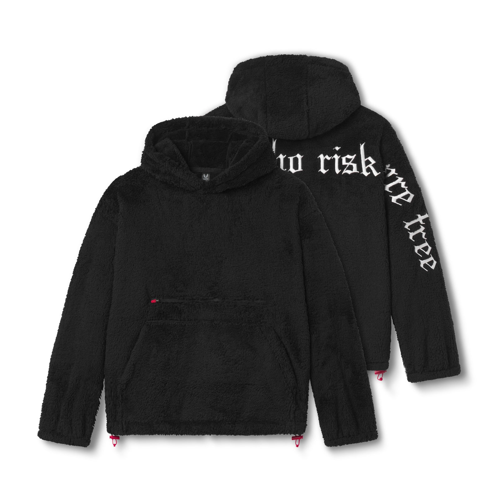 flatlay sherpa recovery hoodie in black with white text, front view