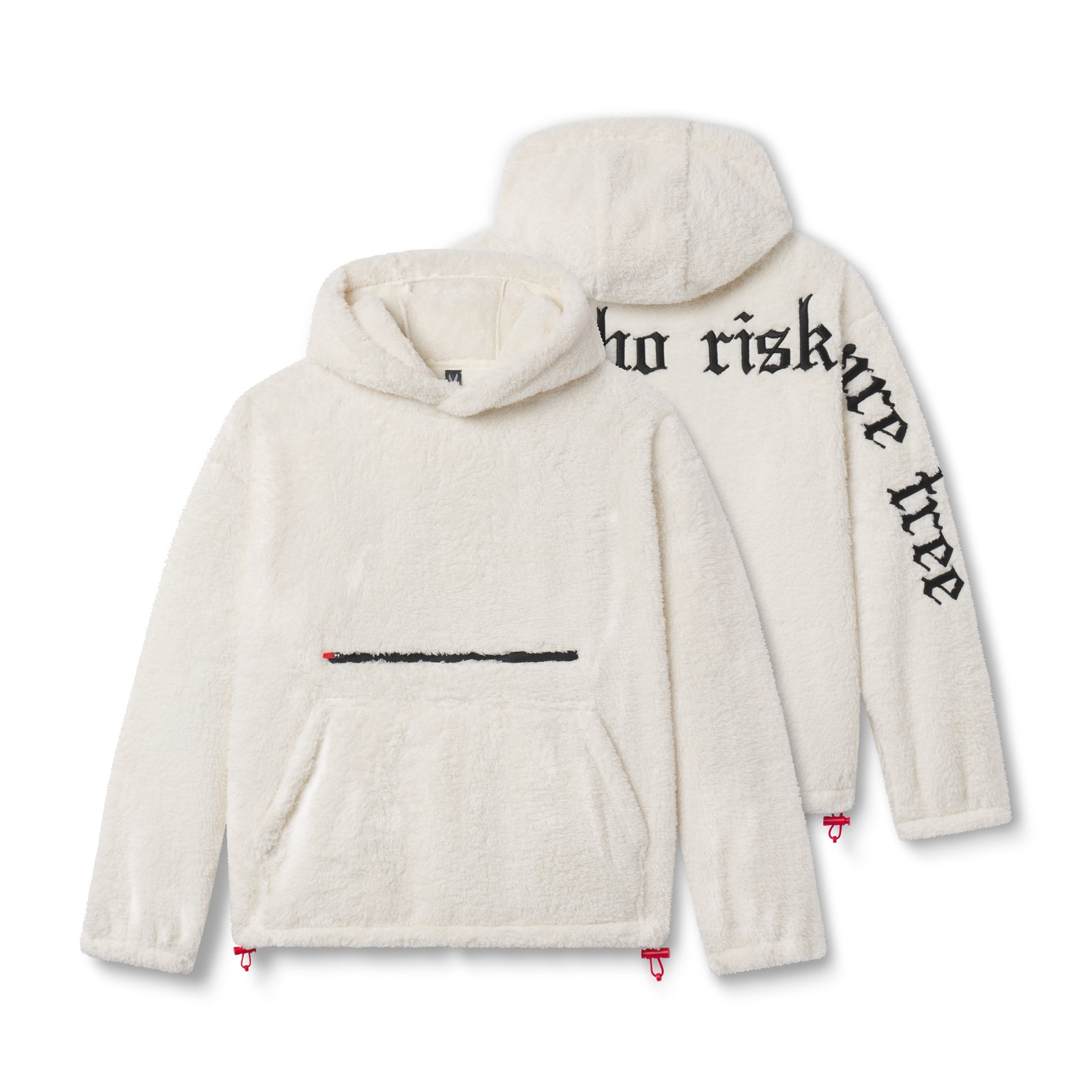 flatlay Sherpa Recovery Hoodie in ivory cream with black text and red drawstring details, front and back views