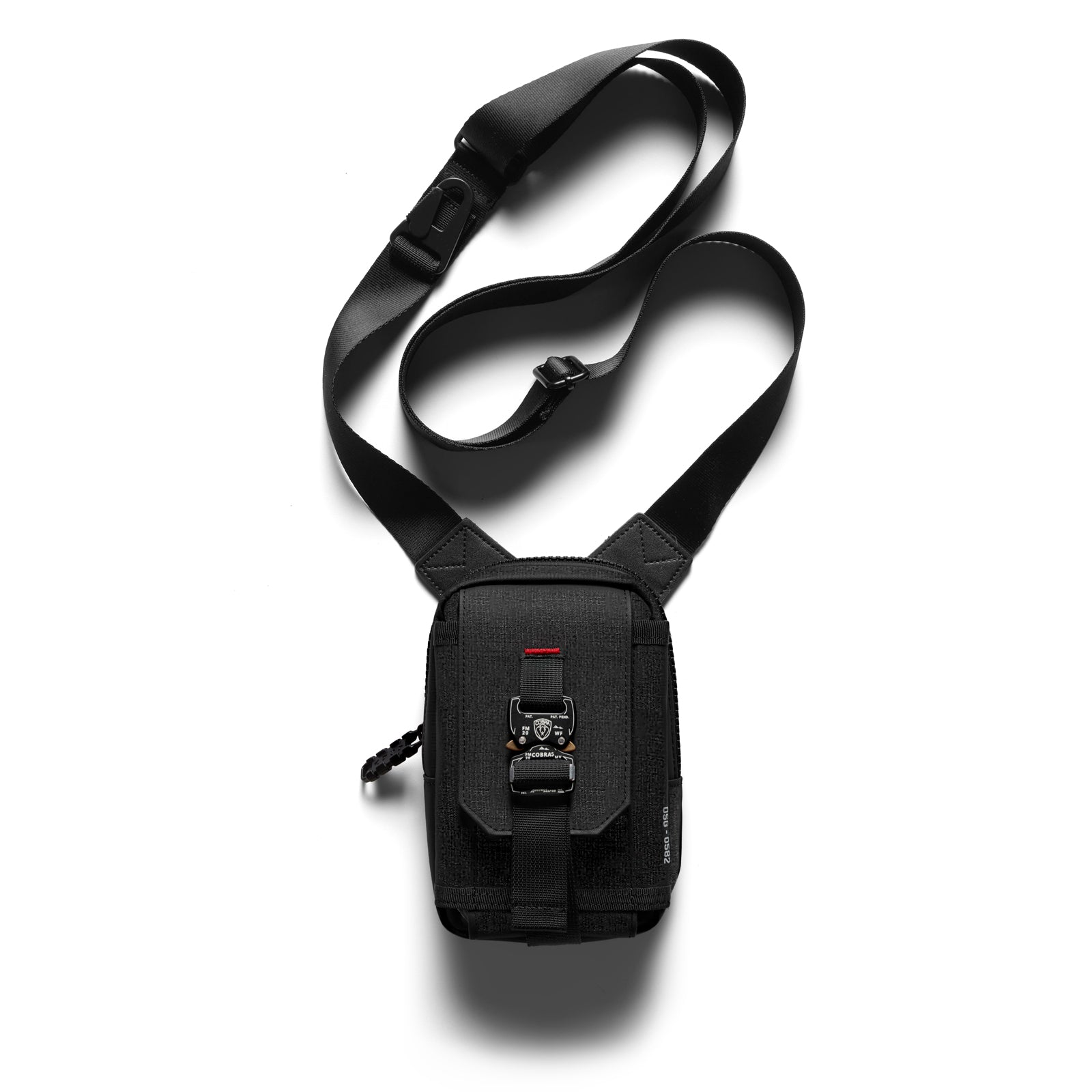 flatlay Waterproof Phone Holster Bag in black with shoulder strap, front view