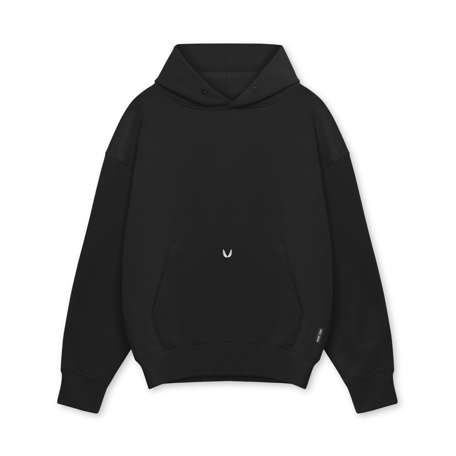 flatlay of black Tech-Terry™ hoodie with kangaroo pocket and small logo, front view