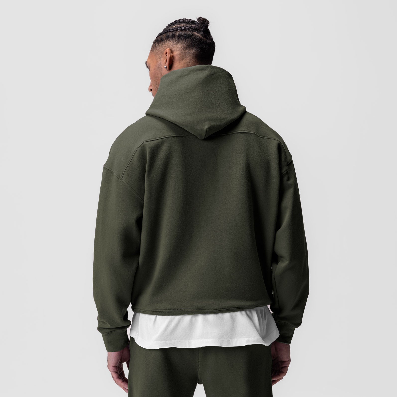 Tech-Terry™ Hoodie in olive, worn by model shown from back view