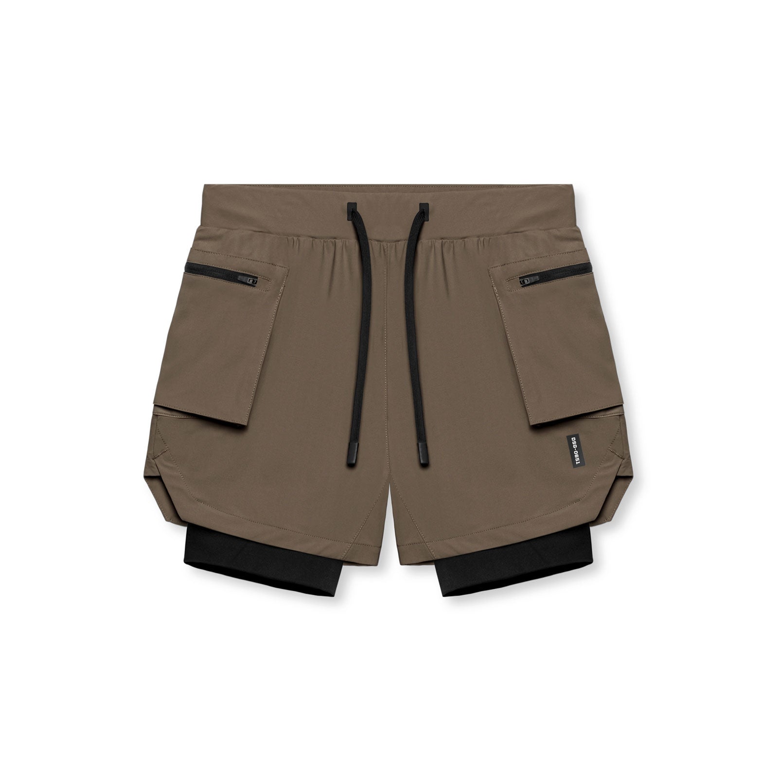 Flatlay of Tetra-Lite Liner Cargo Short in deep taupe and black, front view