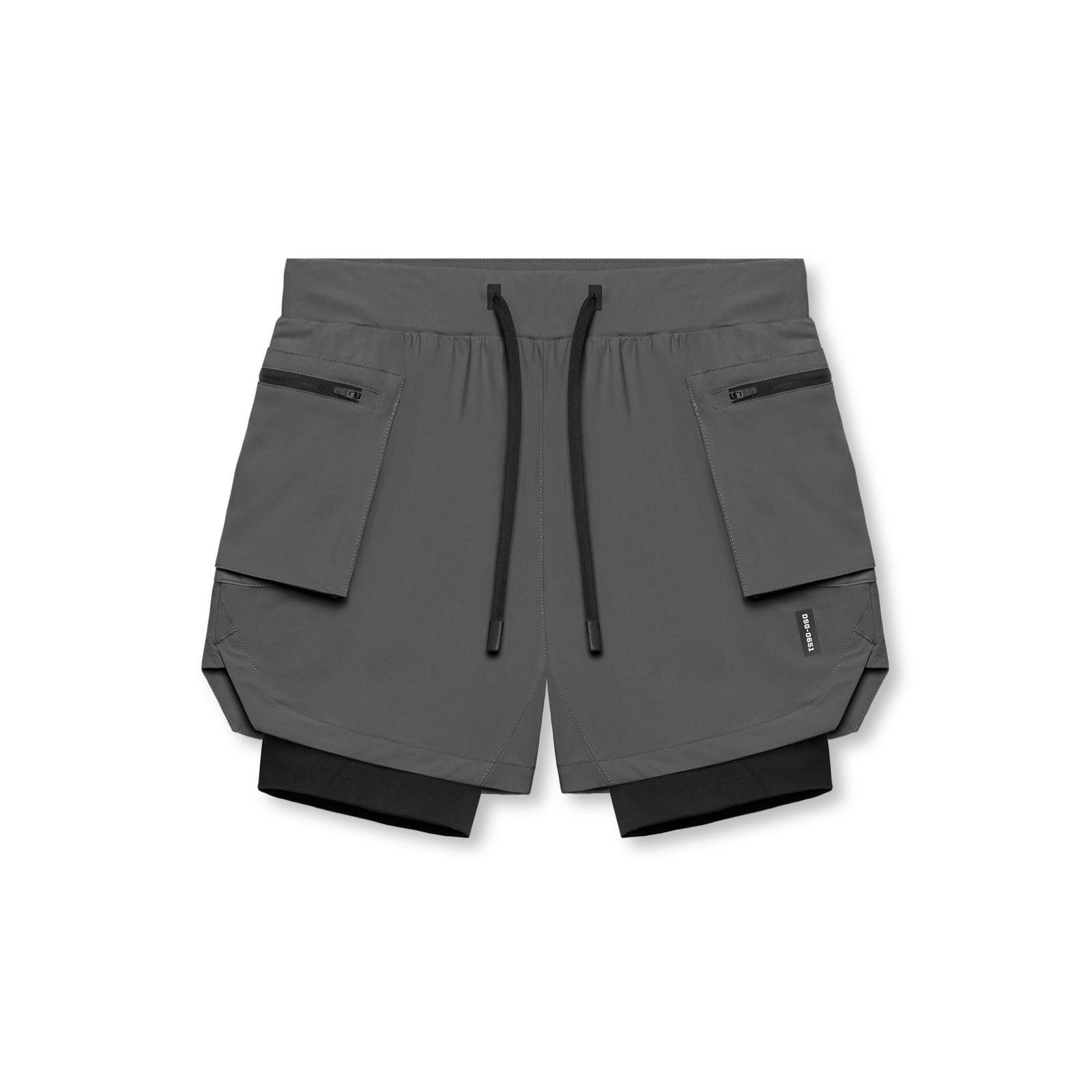 Flatlay of Tetra-Lite Liner Cargo Short in Space Grey with black inner shorts, front view