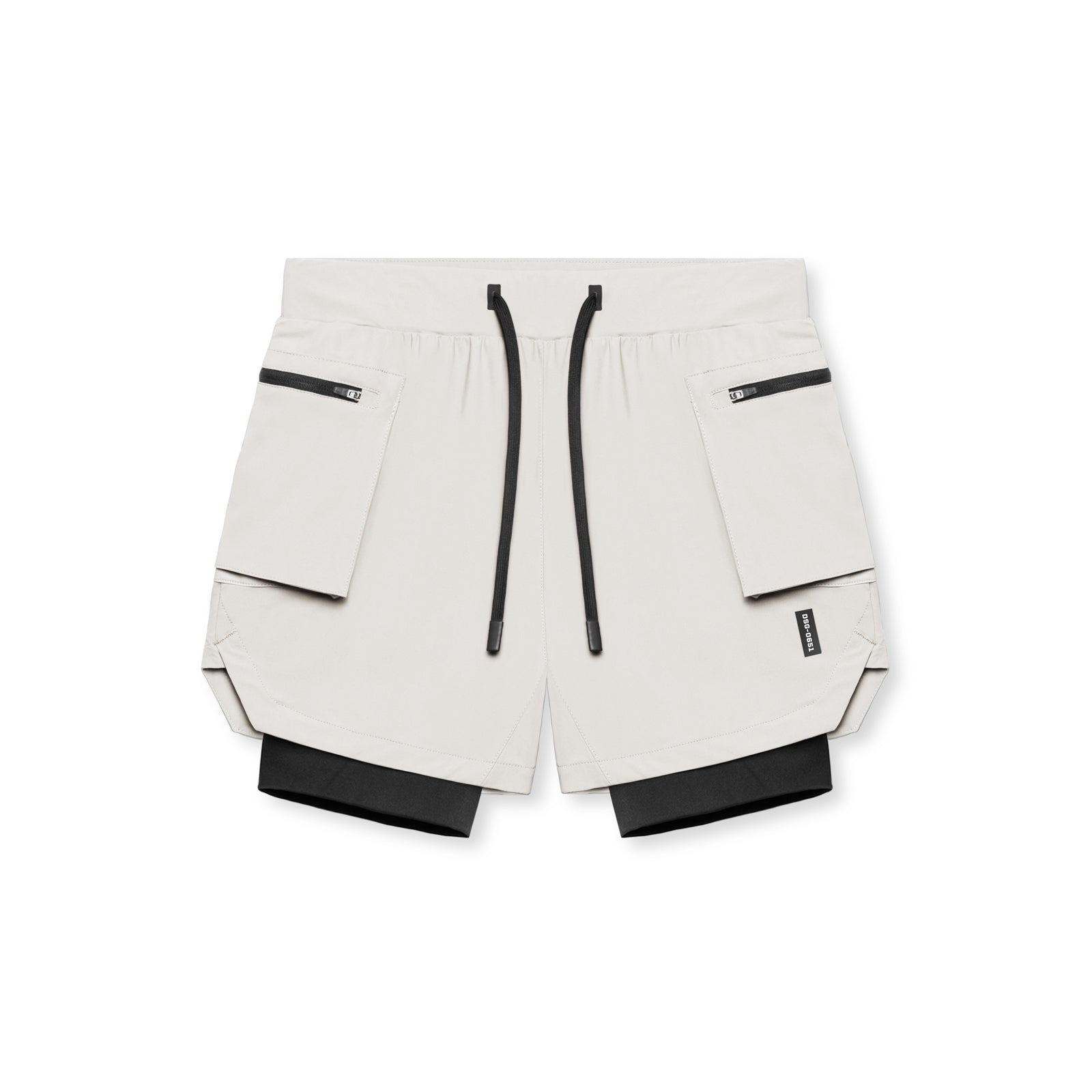 flatlay Tetra-Lite Liner Cargo Shorts in stone with black accents, top view