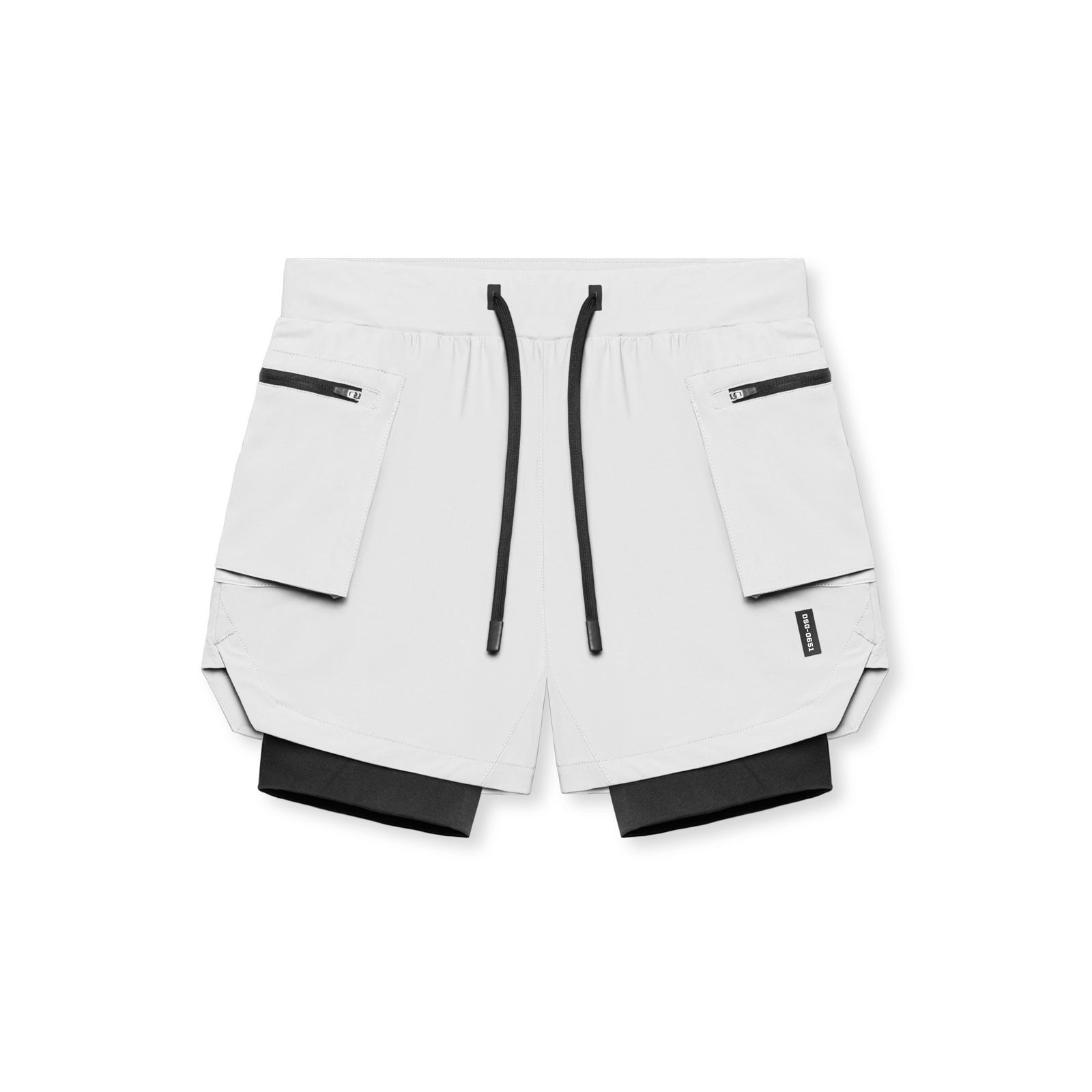 Flatlay of Tetra-Lite Liner Cargo Shorts in white with black accents, front view