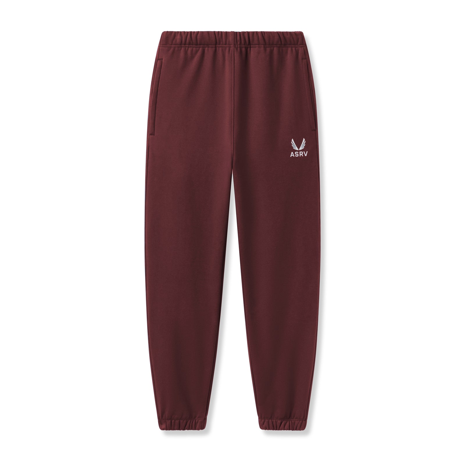 flatlay Tech-Terry Oversized Sweats joggers in crimson with ASRV emblem logo, front view