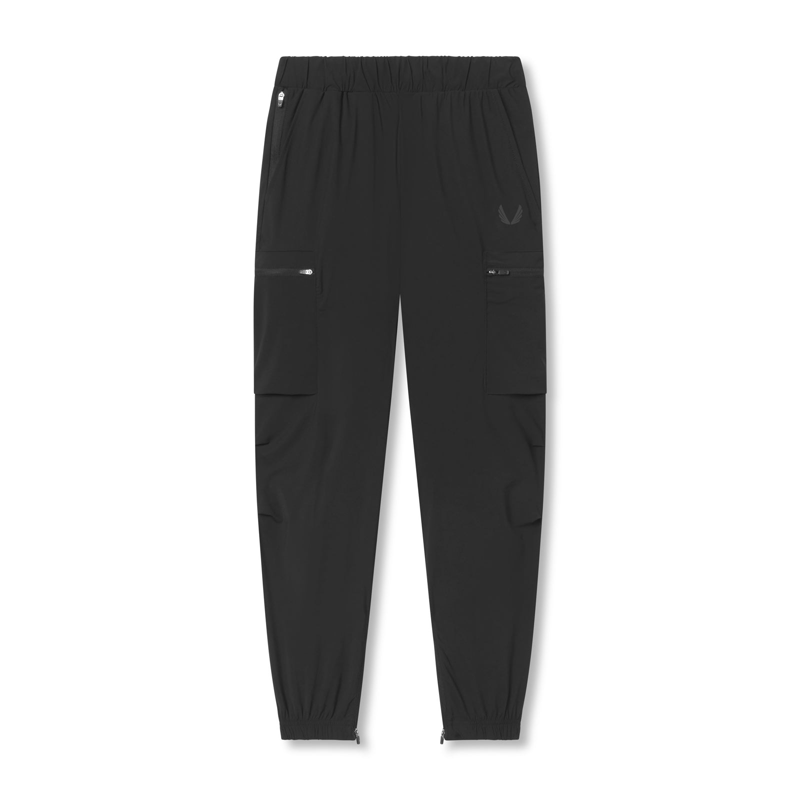 Flatlay of black Tetra-Lite Standard Zip Jogger with cargo pockets, front view