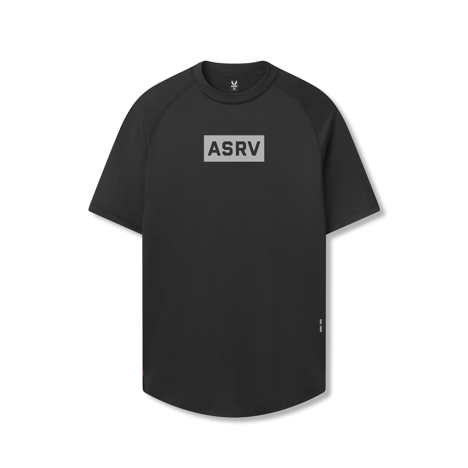 flatlay AeroSilver established tee in black with box logo, front view