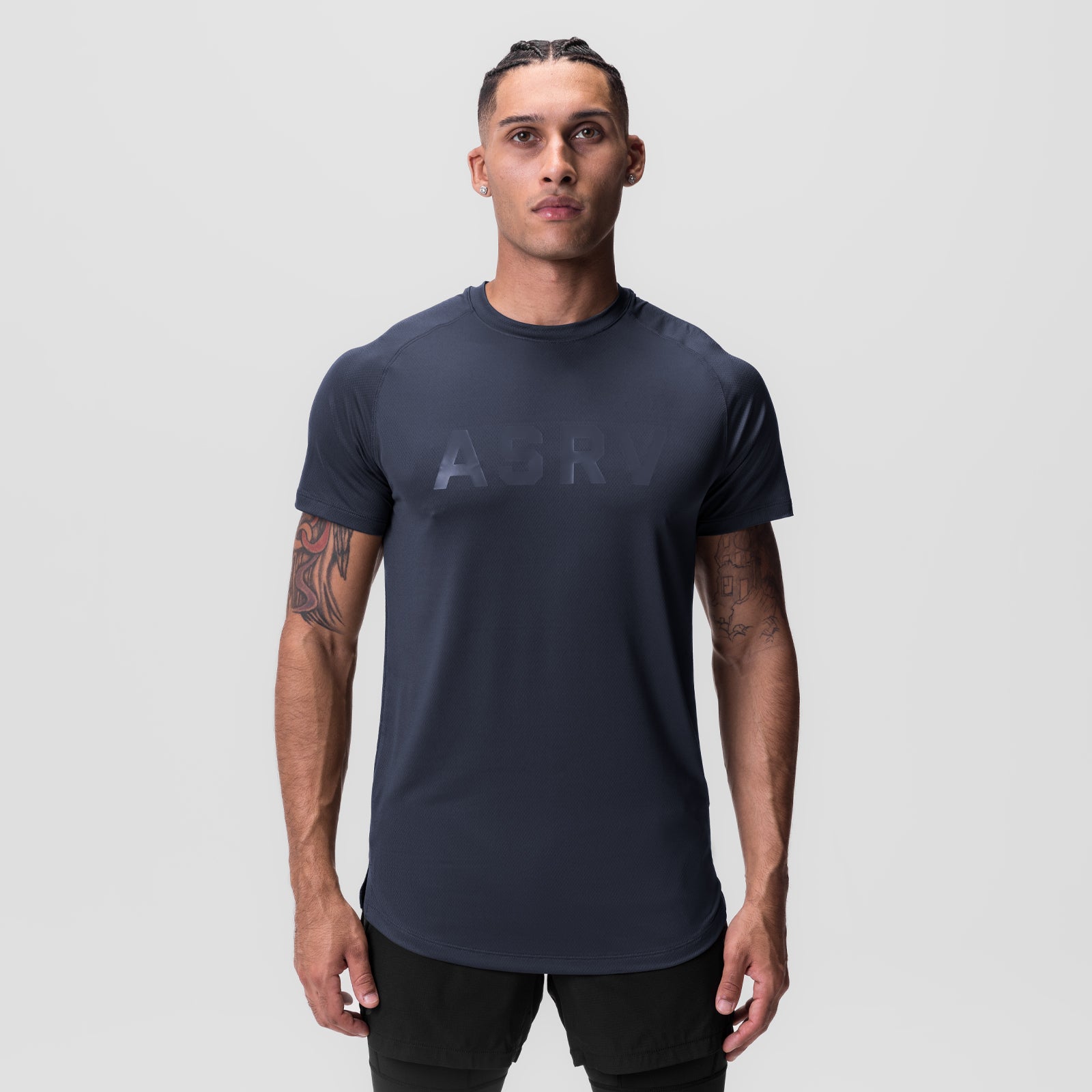 AeroSilver Established Tee in navy with ASRV logo, worn by model, front view