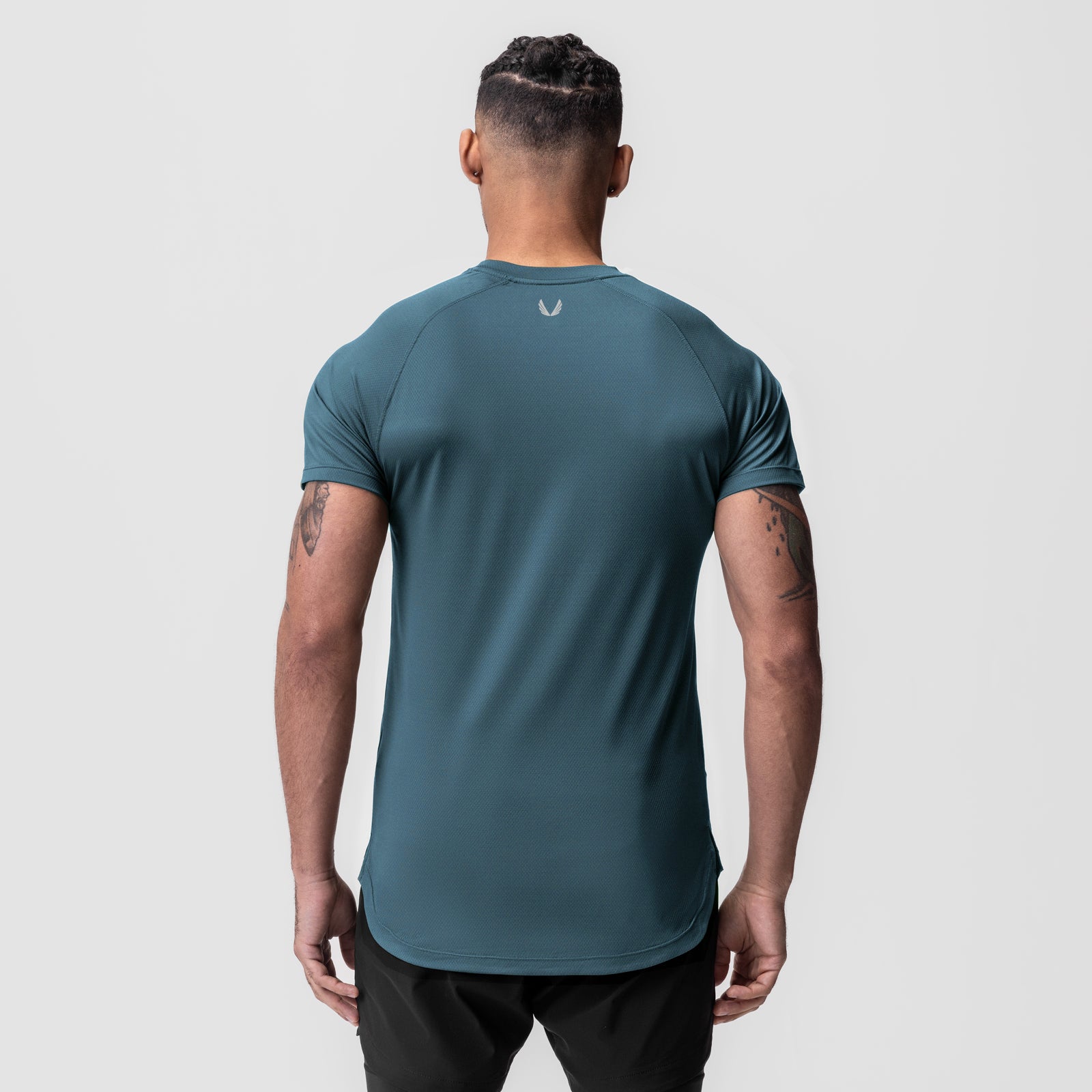 AeroSilver Established Tee in storm blue, back view on model