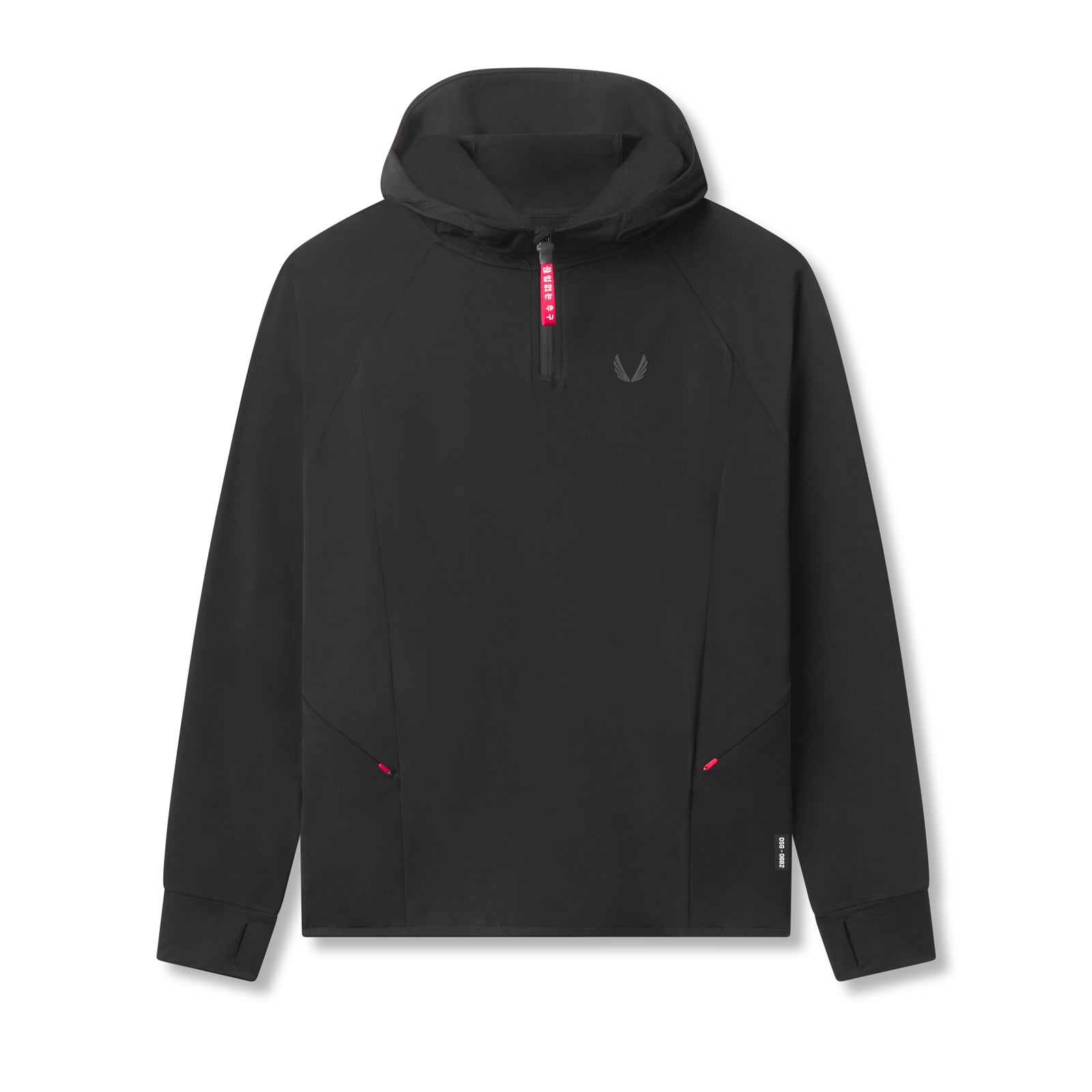 flatlay of black training hoodie with hood and front pockets, front view