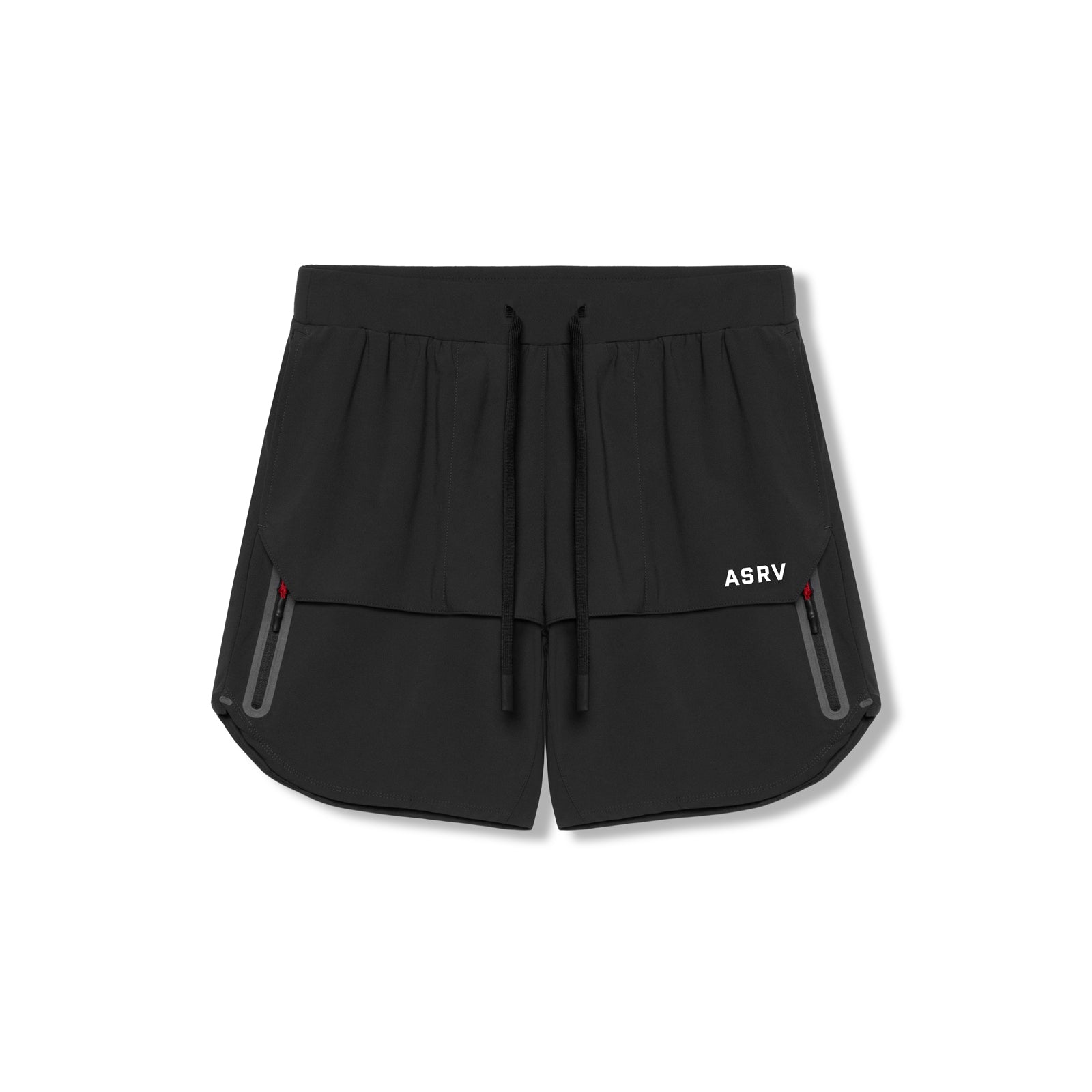 flatlay Tetra-Lite Tech Short in black, front view with drawstring and side pockets