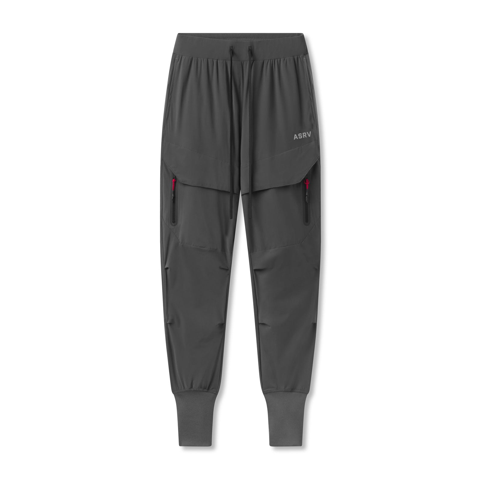Flatlay of ASRV Tetra-Lite Tech High Rib Jogger in space grey, front view