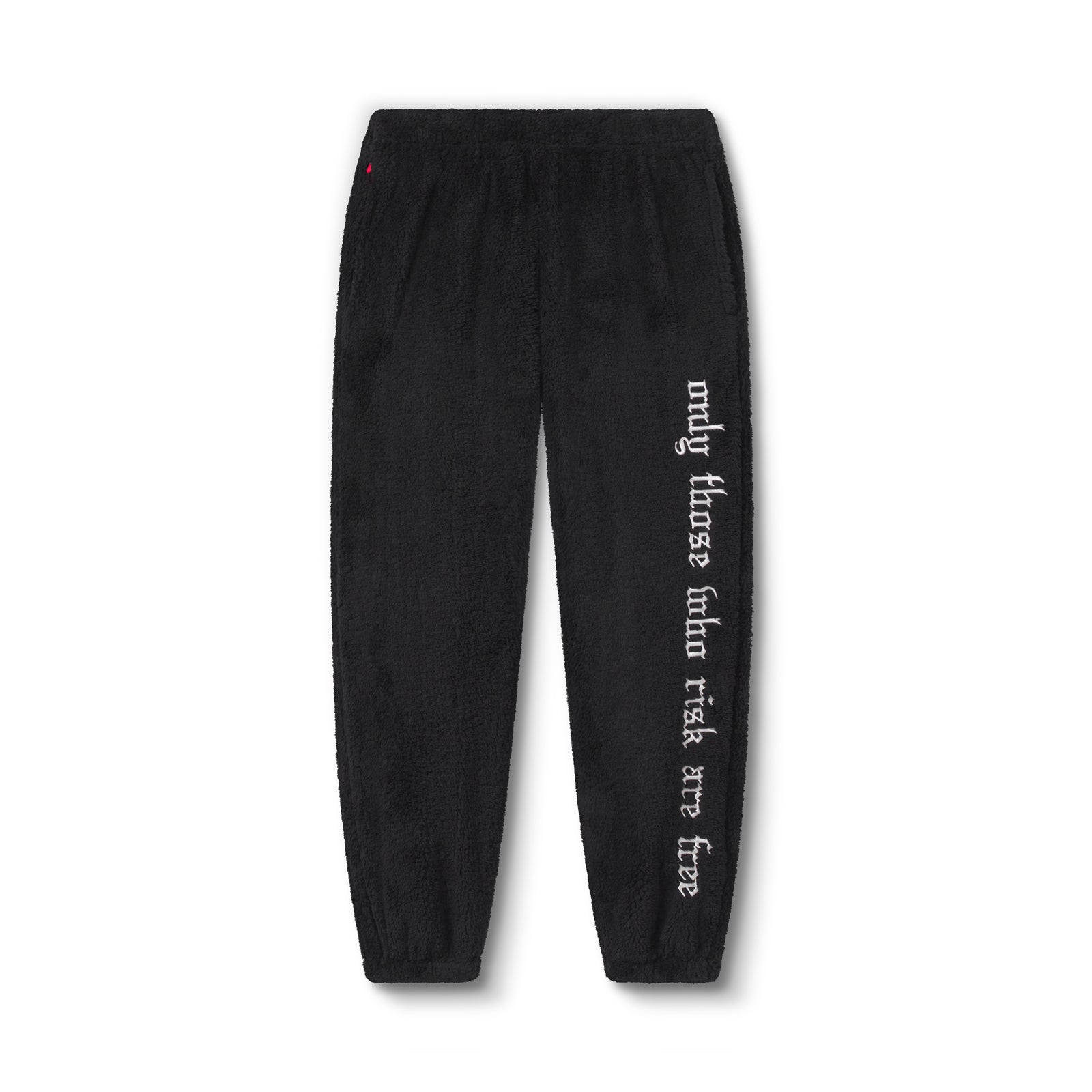flatlay Womens Sherpa Recovery Sweats in black with white text on leg, front view