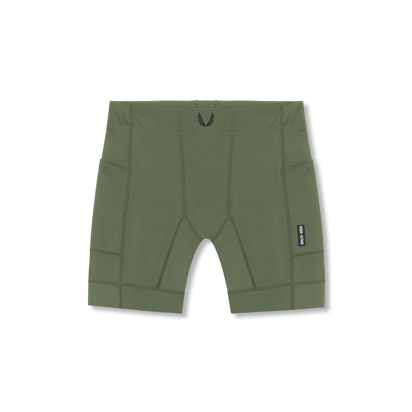 flatlay WarpFlexx® Side Pocket 1/2-Length Legging shorts in olive, front view