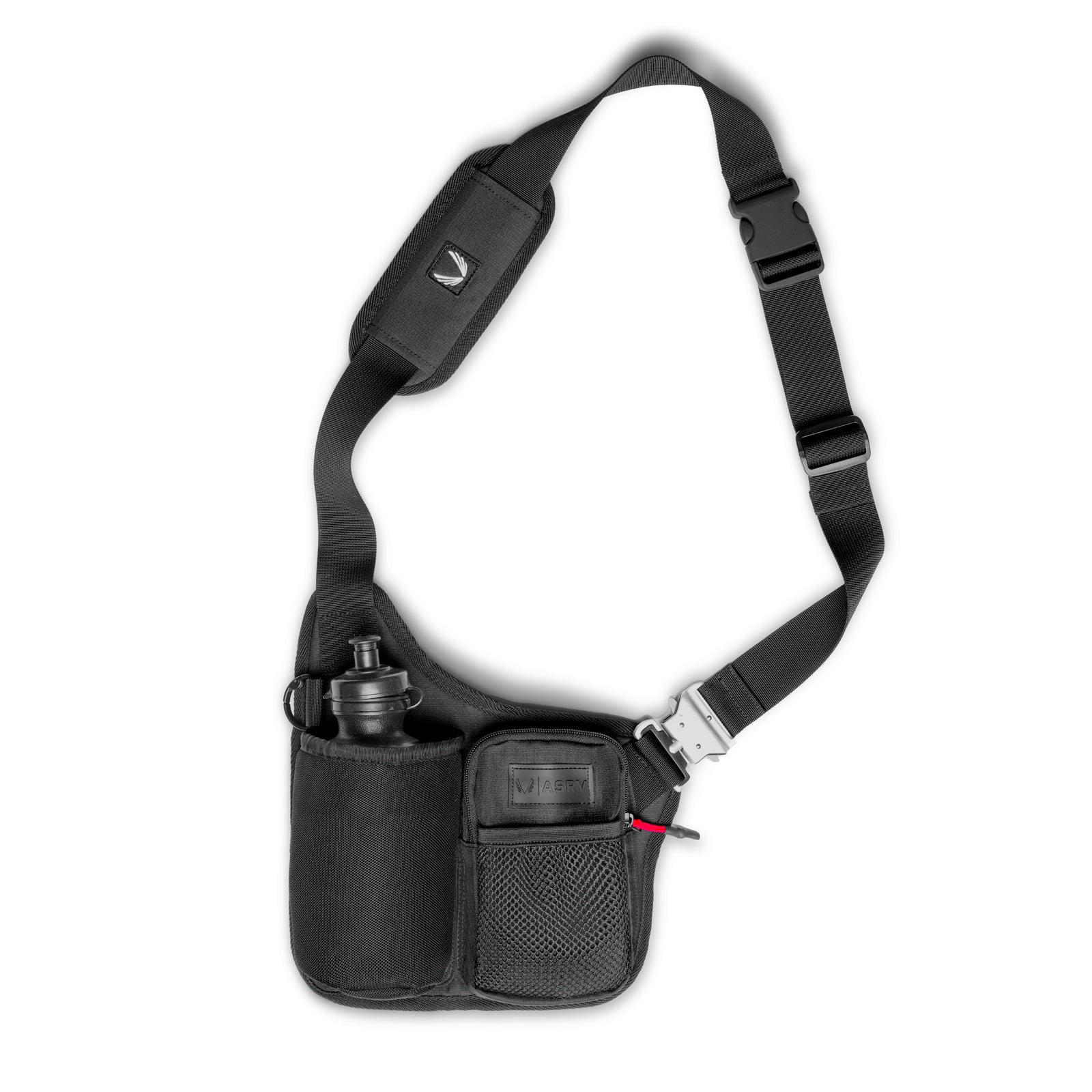 flatlay Water Bottle Holster Bag in black, front view with shoulder strap