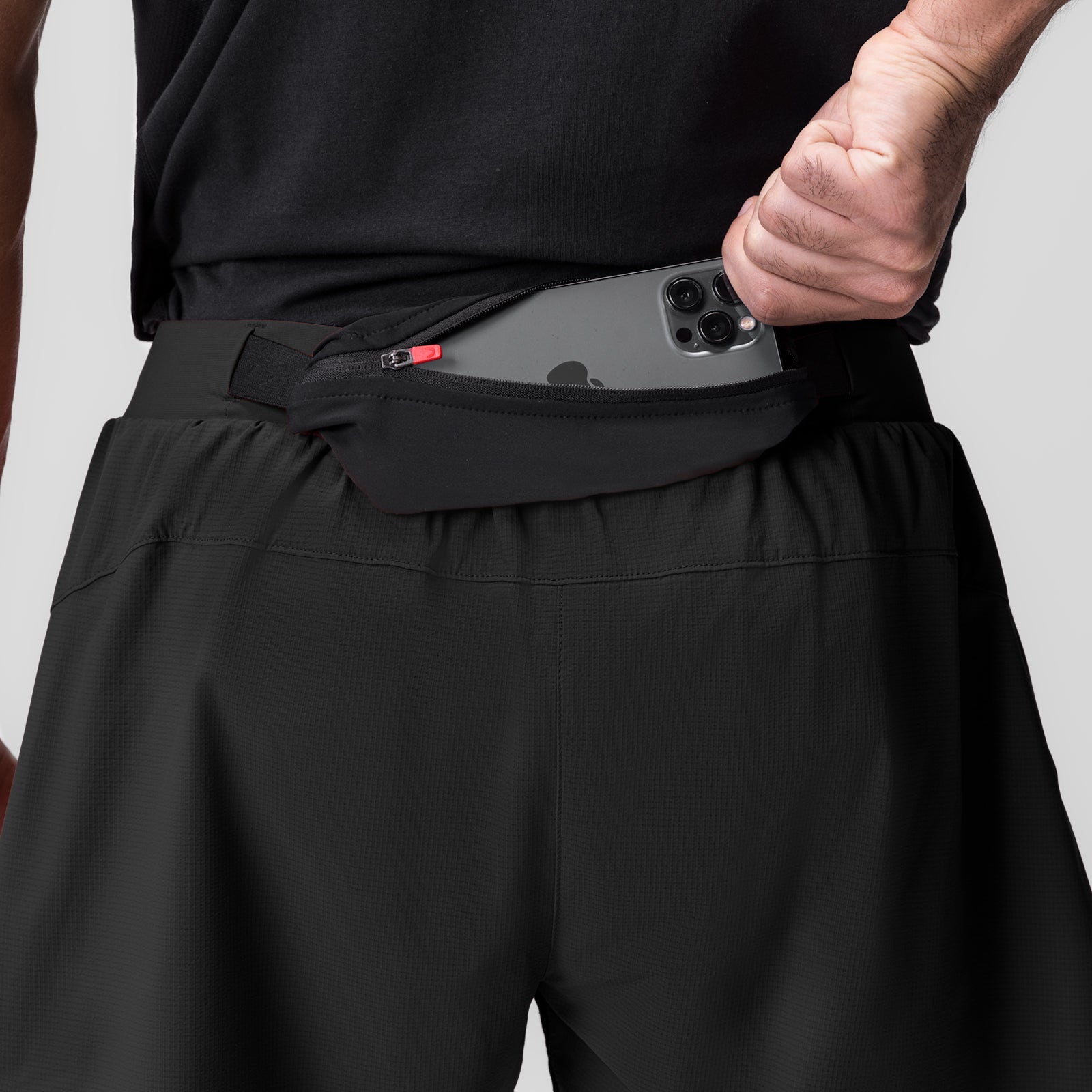 Ripstop 3" Belt Pack Short in Dusk Black, worn with smartphone in belt pack