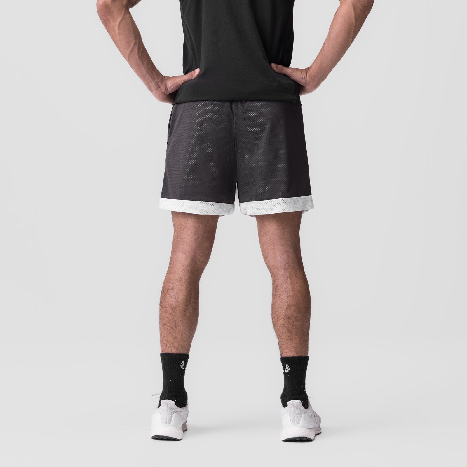 SilverPlus™ Mesh Reversible Shorts in Raven/White, back view on model