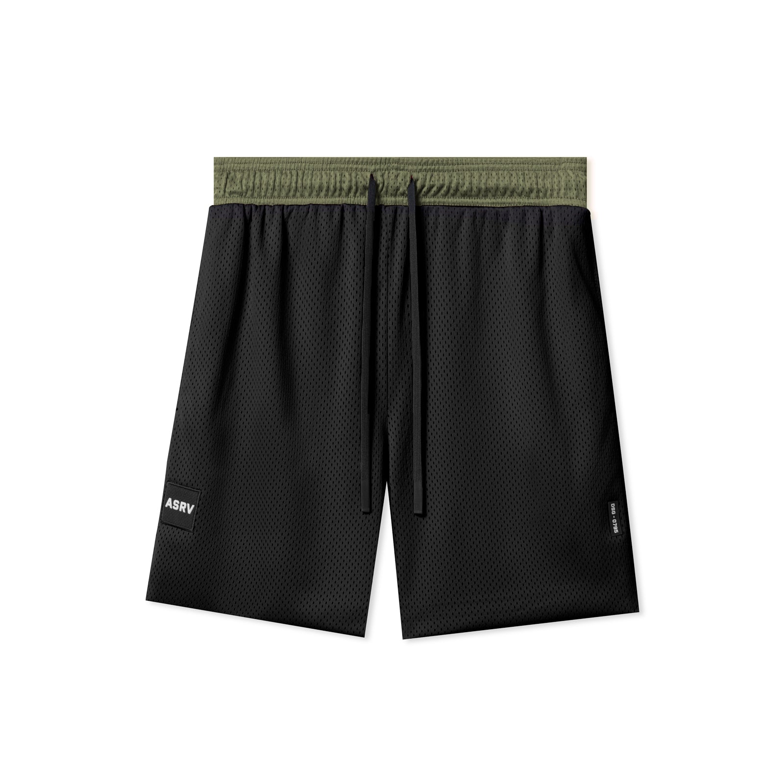 Flatlay of SilverPlus™ Mesh Reversible Shorts in black with olive waistband, laid flat from above