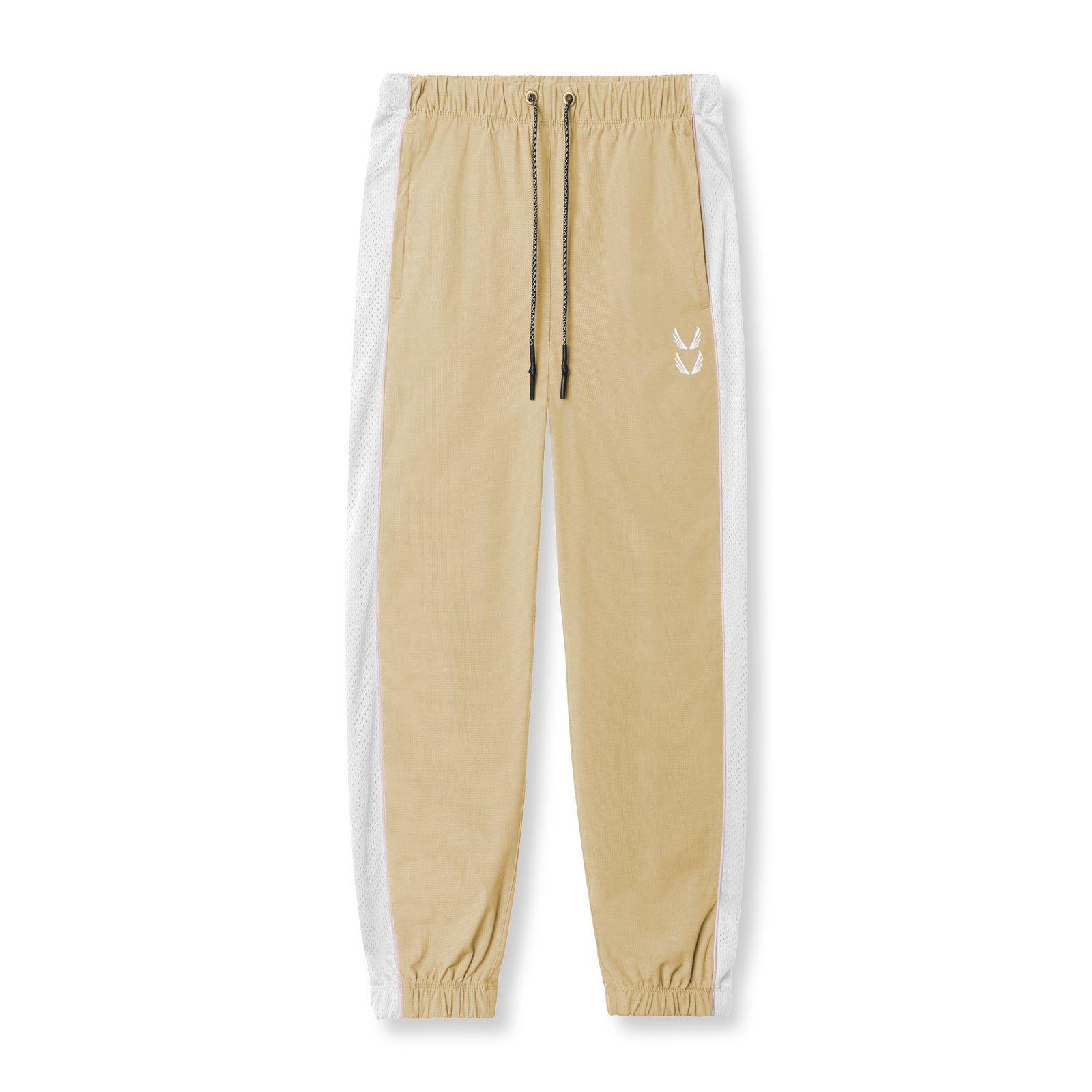 Flatlay of khaki ripstop oversized track pant with white side stripe, front view