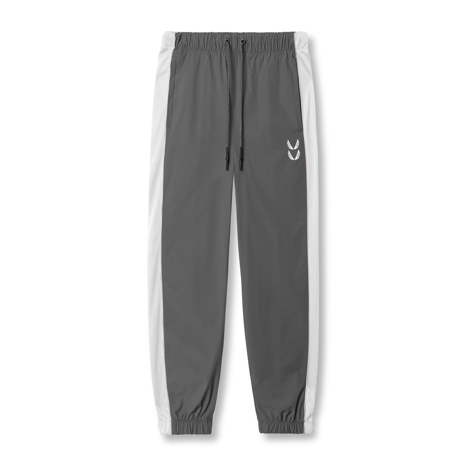 flatlay Ripstop Oversized Track Pant in space grey with white side stripes, front view