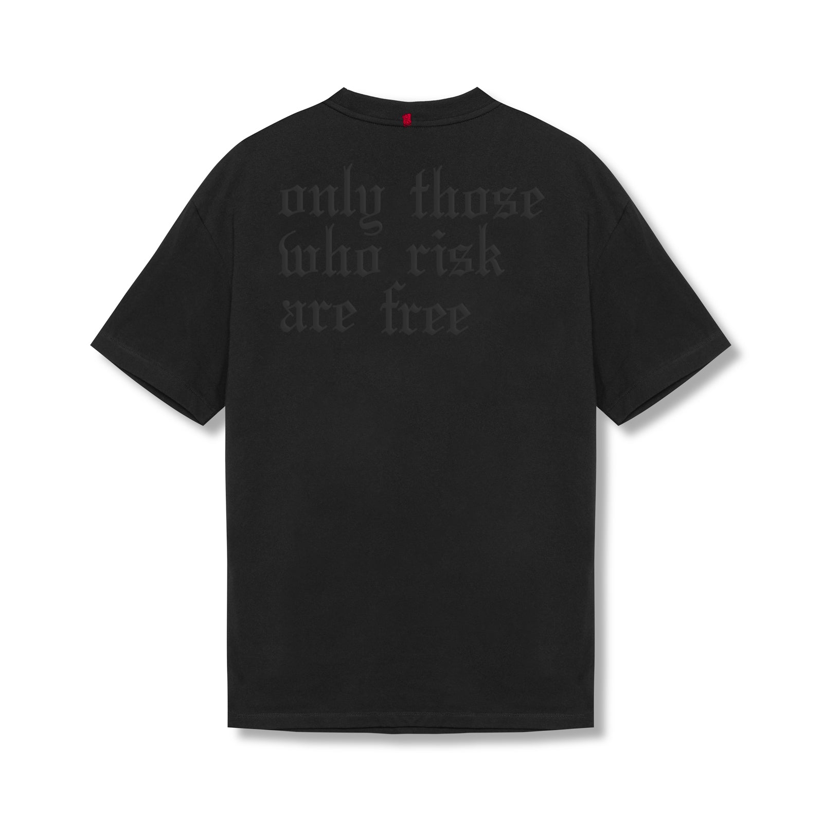 flatlay Tech Essential Relaxed Tee in black with OTWR text graphic, back view