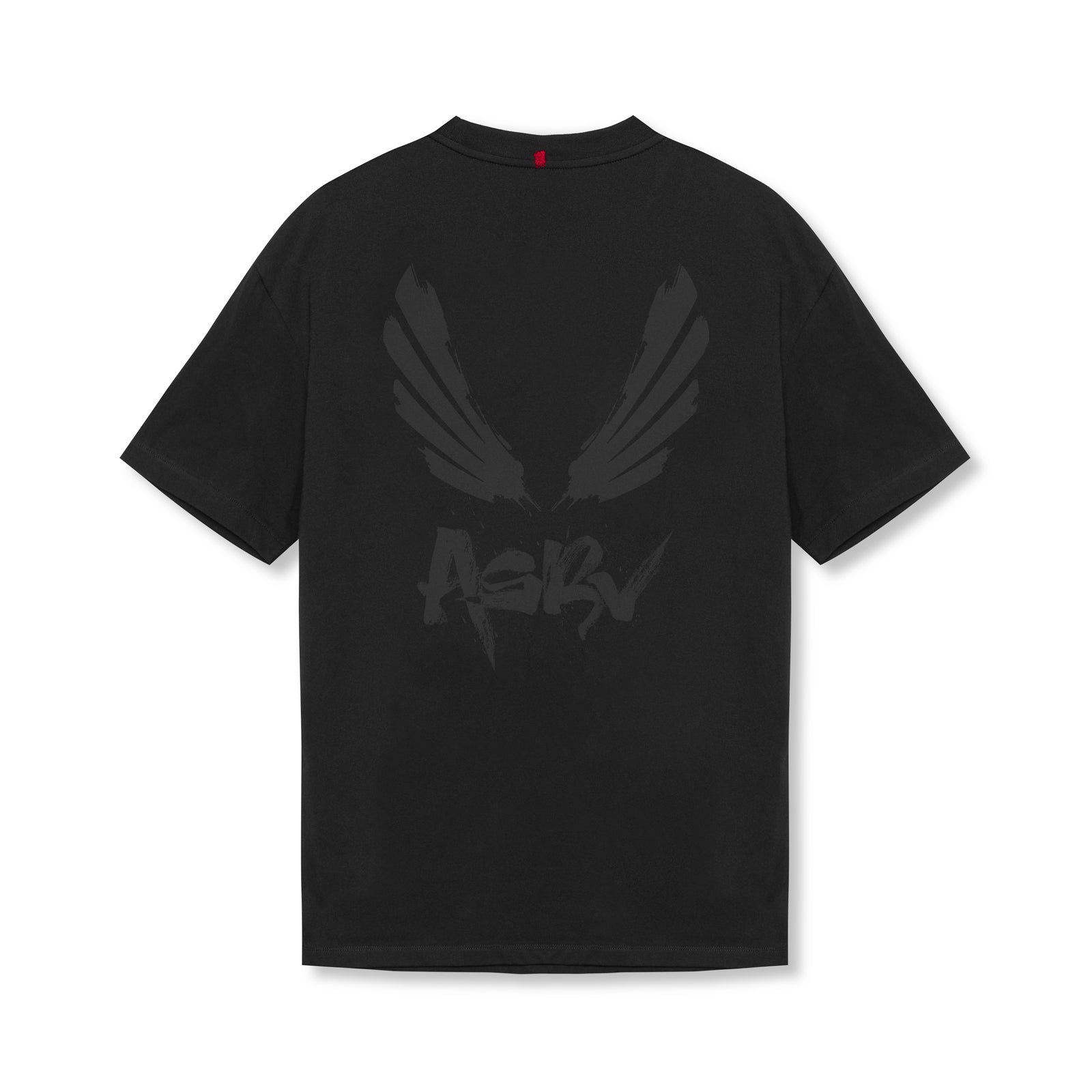 flatlay Tech Essential Relaxed Tee in black with brush wings graphic design, back view