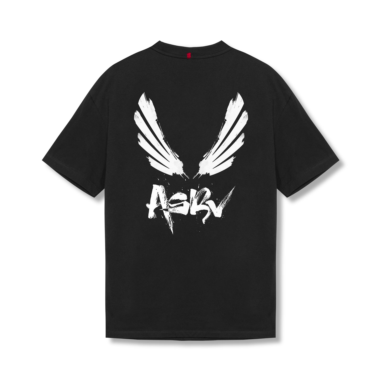 flatlay Tech Essential Relaxed Tee in black with white brush wings and ASRV logo, back view