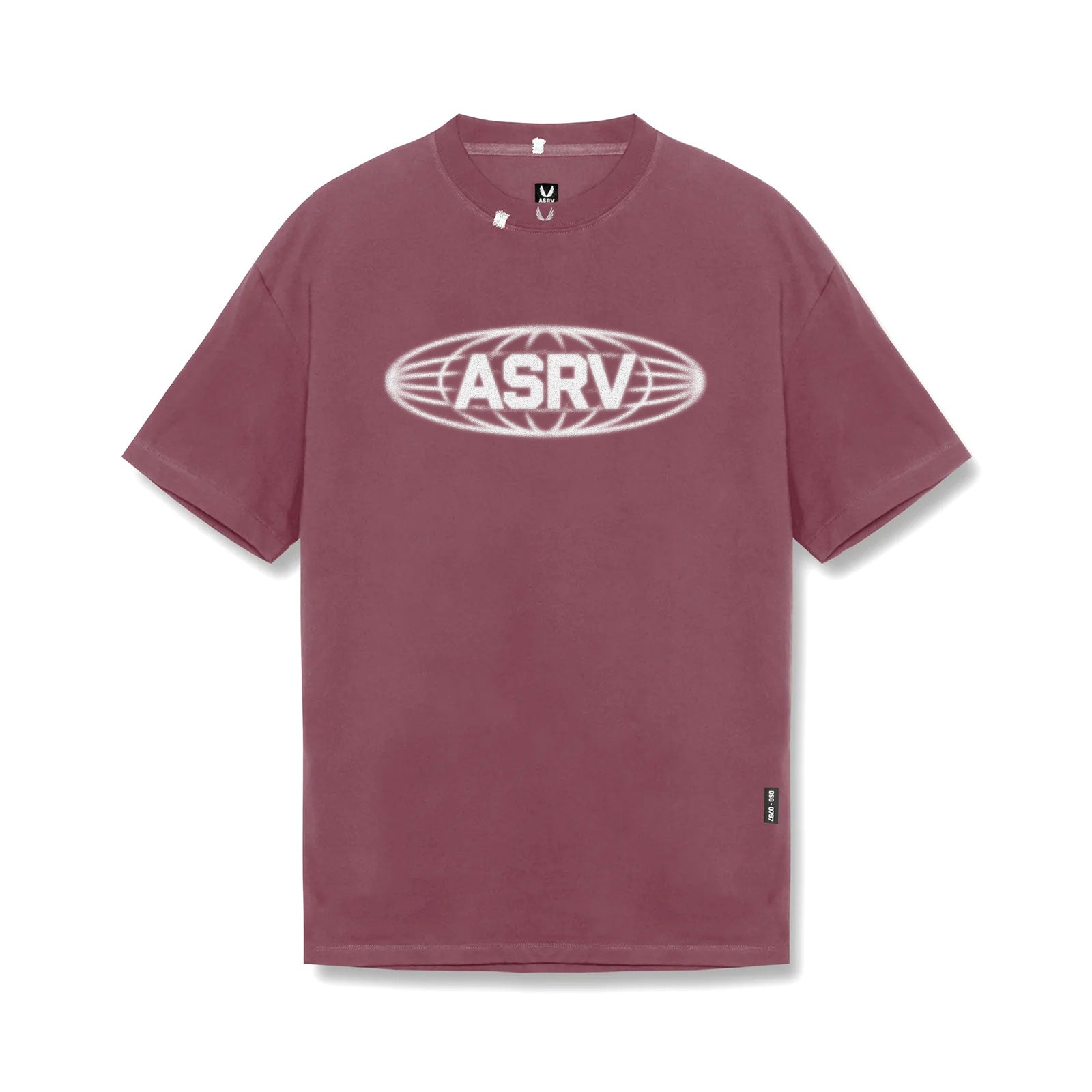 flatlay ASRV Tech Essential Relaxed Tee in faded crimson with Global logo print, front view