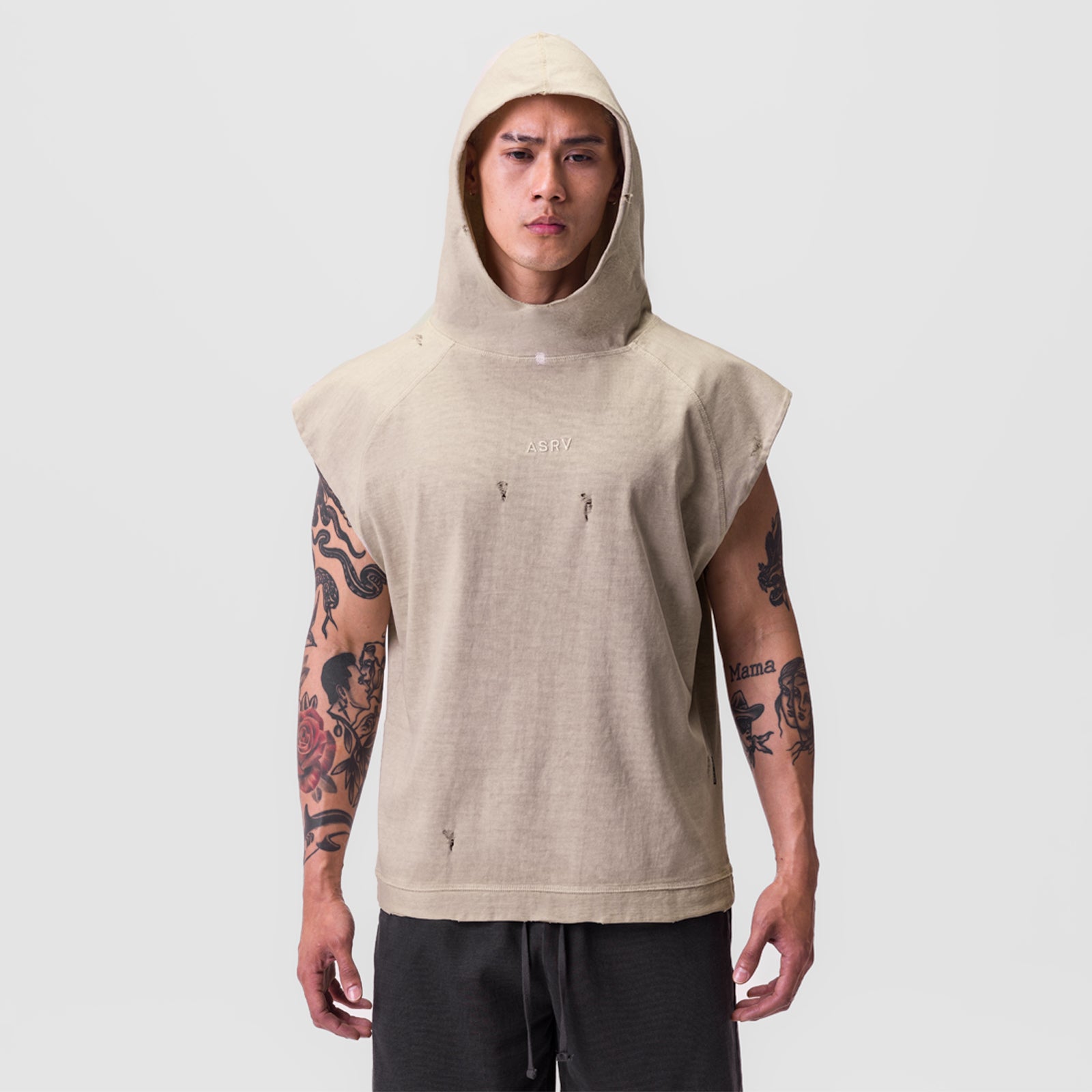 Tech Essential Cutoff Hoodie in faded beige worn by model, front view