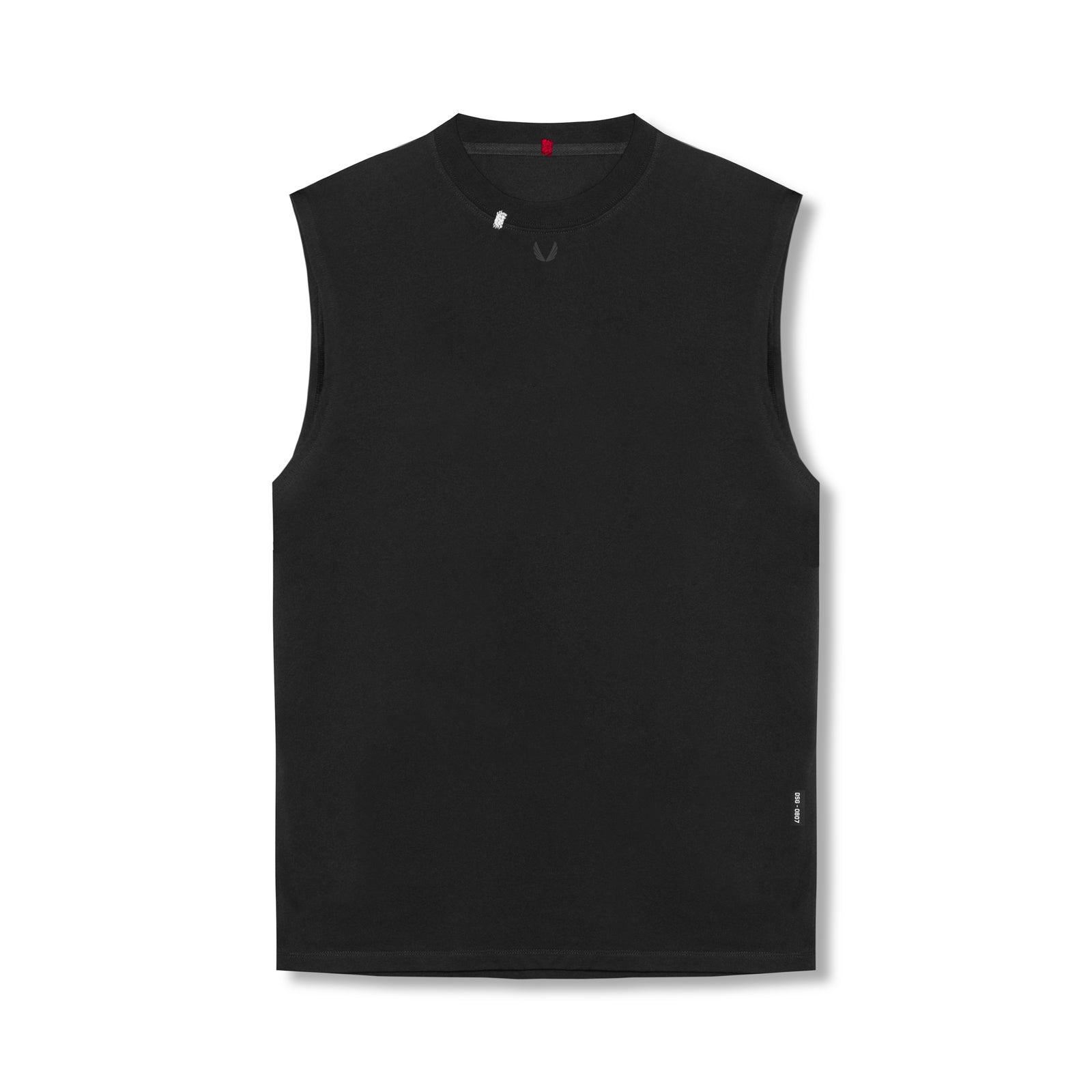 flatlay Tech Essential Relaxed Cutoff sleeveless tank in black, front view