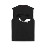 Black Tech Essential Relaxed Cutoff tank top with white koi fish graphic, back view