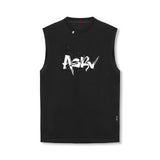 flatlay ASRV Tech Essential Relaxed Cutoff sleeveless tank in black with white 'Koi' graphic print, front view