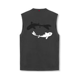 flatlay Tech Essential Relaxed Cutoff sleeveless tank in space grey with koi fish graphic design, back view