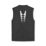 flatlay Tech Essential Relaxed Cutoff sleeveless tank in space grey with white brush stroke wings design, back view