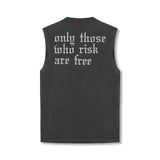 flatlay Tech Essential Relaxed Cutoff sleeveless tank in space grey, back view with white text