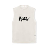 flatlay ASRV Tech Essential Relaxed Cutoff sleeveless tank in stone with black graphic logo, front view