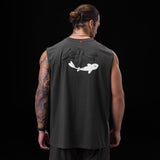 Tech Essential Relaxed Cutoff tank in space grey with white koi graphic, back view on model