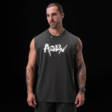Tech Essential Relaxed Cutoff tank top in space grey with Koi graphic, front view on model