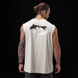 Tech Essential Relaxed Cutoff tank in stone with black and white koi fish graphic, back view on model