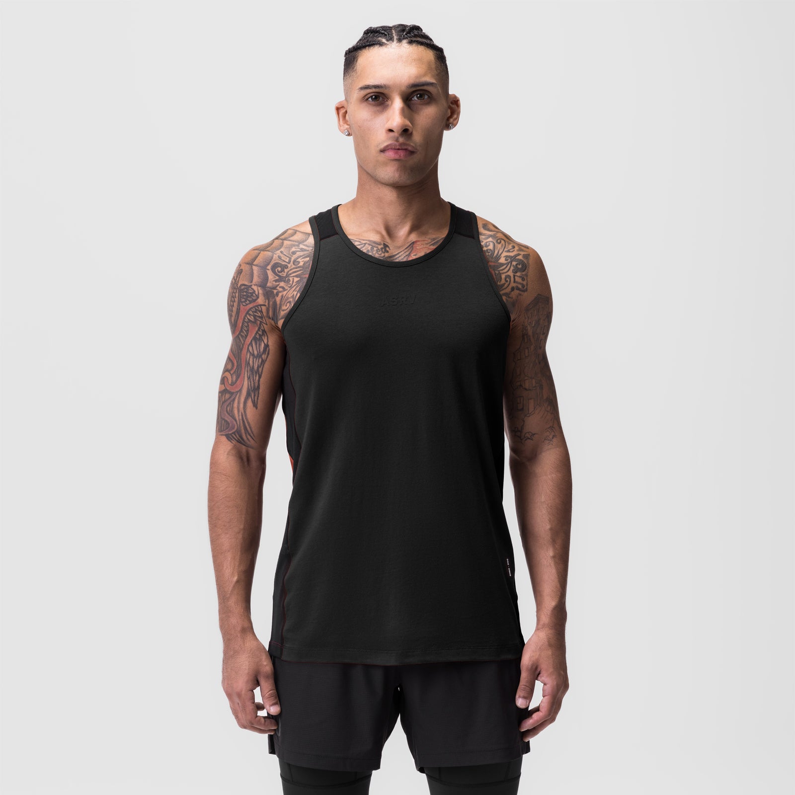 Black Supima® Mesh Panel Training Singlet worn by male model, front view
