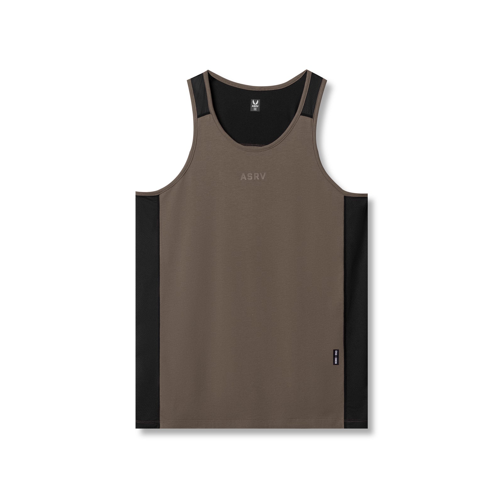 flatlay Supima® Mesh Panel Training Singlet in deep taupe with black side panels, front view