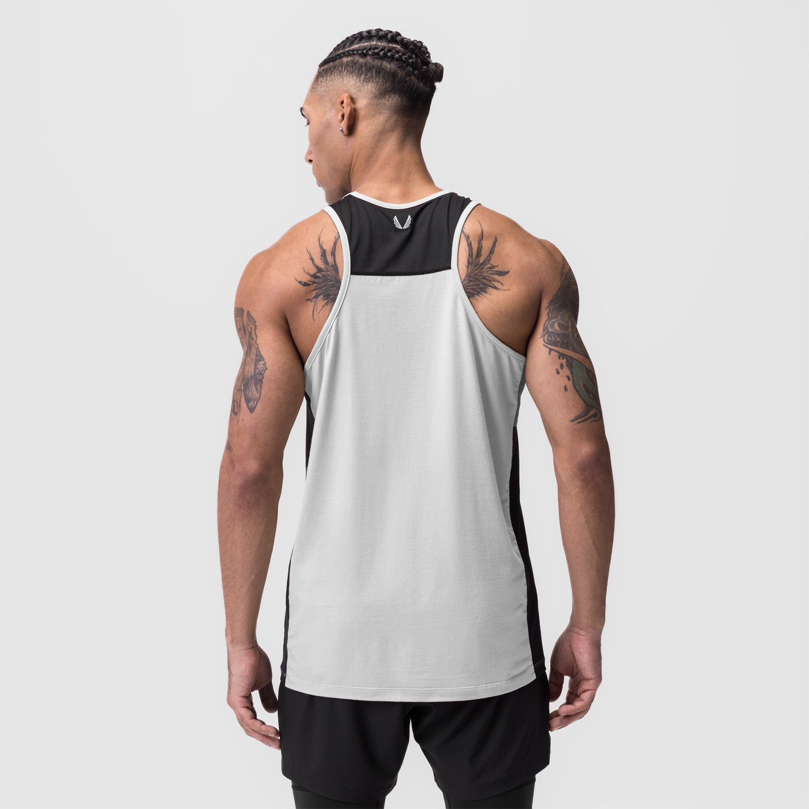 Supima Mesh Panel Training Singlet in white, worn by model showing back view