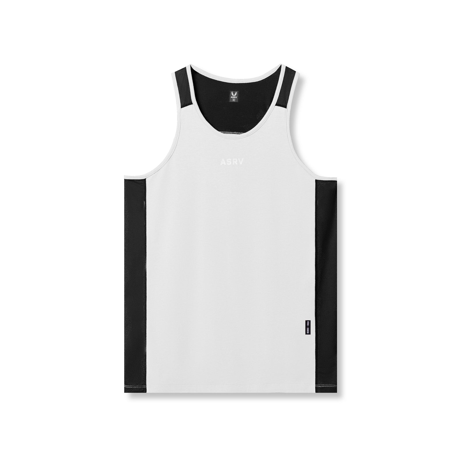 flatlay Supima® Mesh Panel Training Singlet in white with black side panels, front view