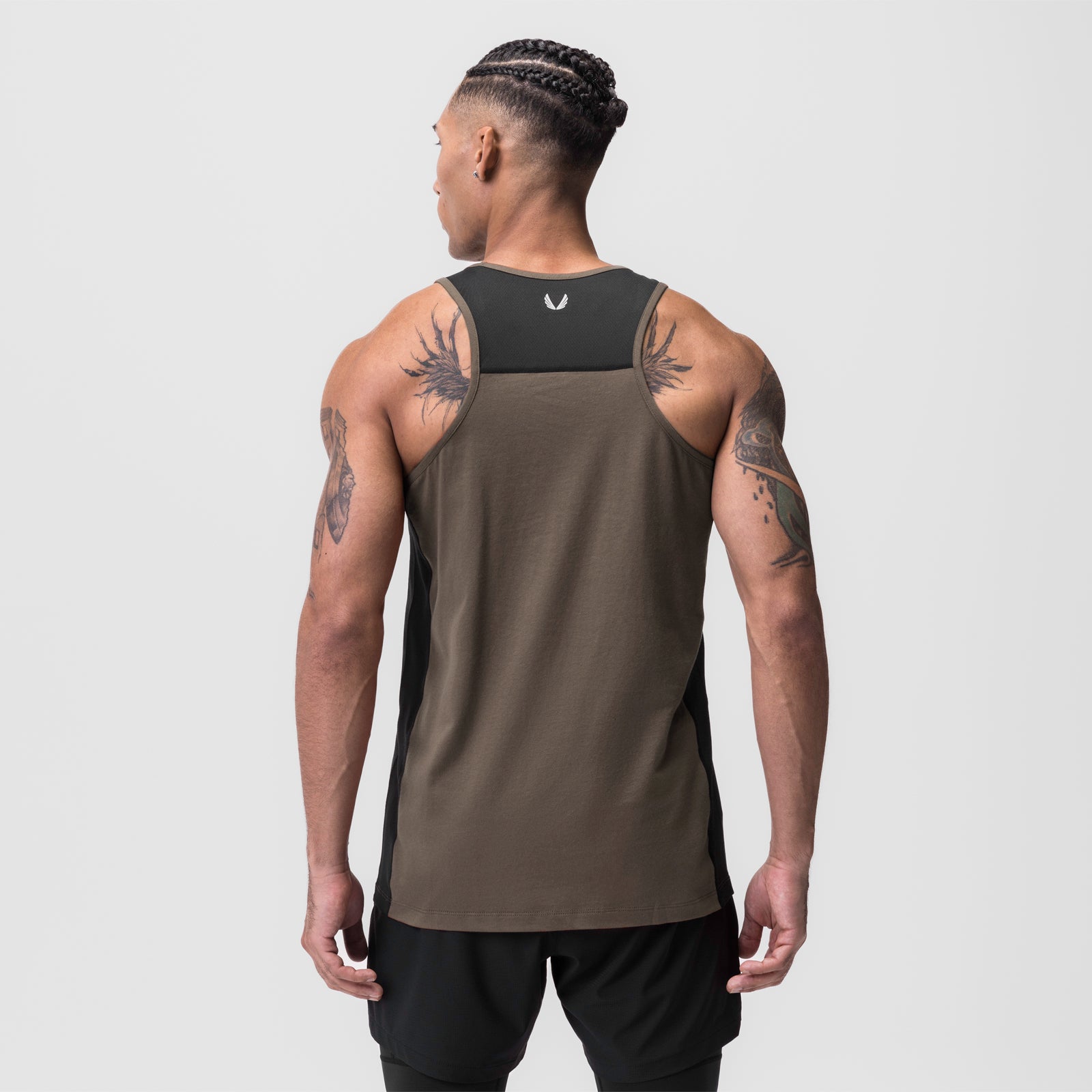 Supima® Mesh Panel Training Singlet in deep taupe with black panels, rear view on model
