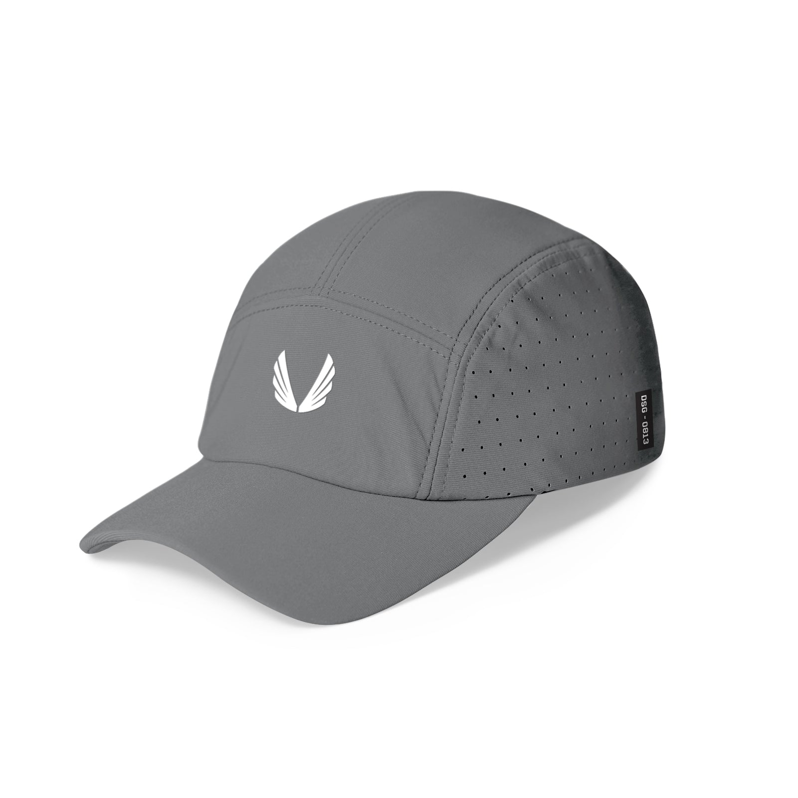 flatlay 0813 Performance Vented Hat in grey with white wings logo, three-quarter view