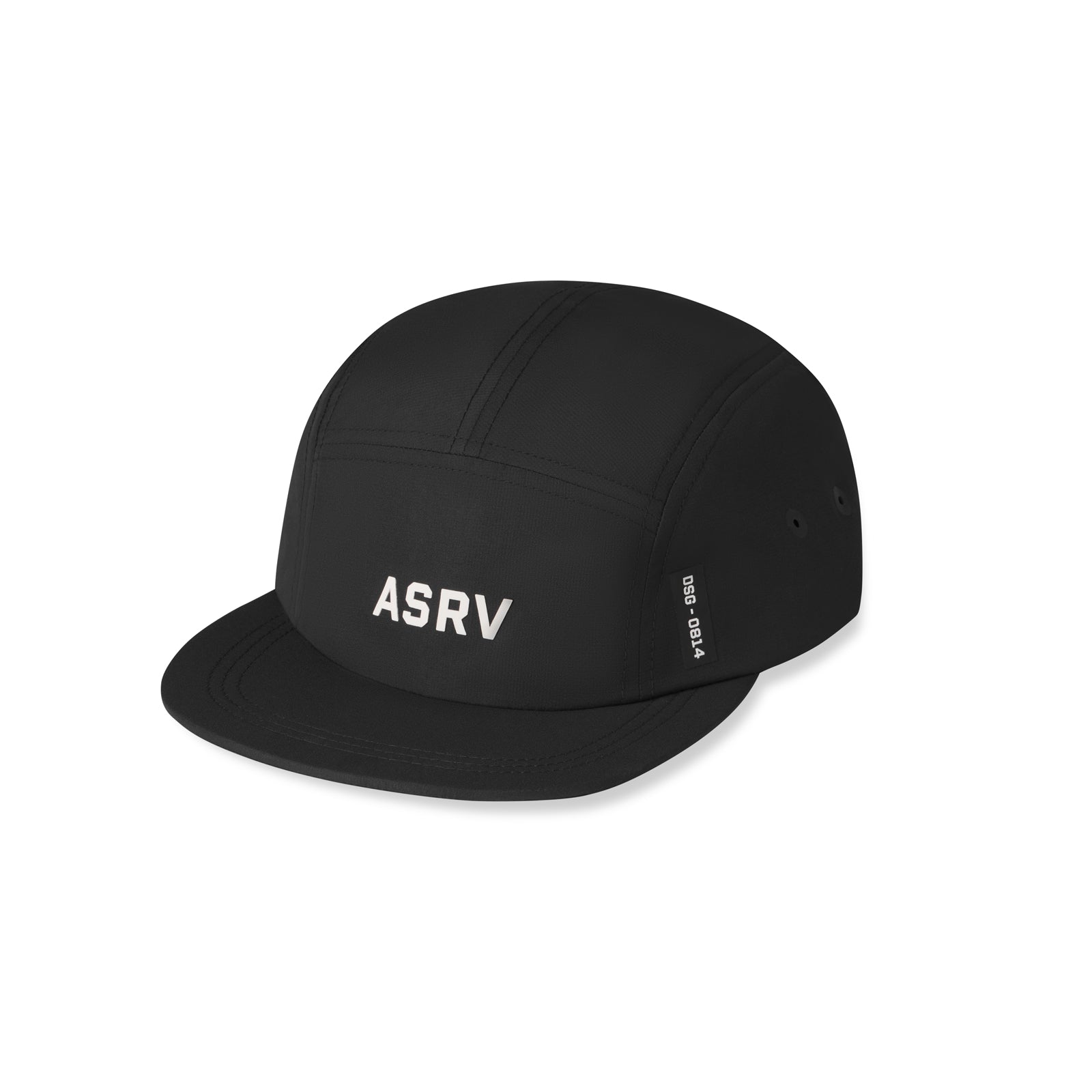 flatlay ASRV 0814 5-Panel Run Cap in black, side view