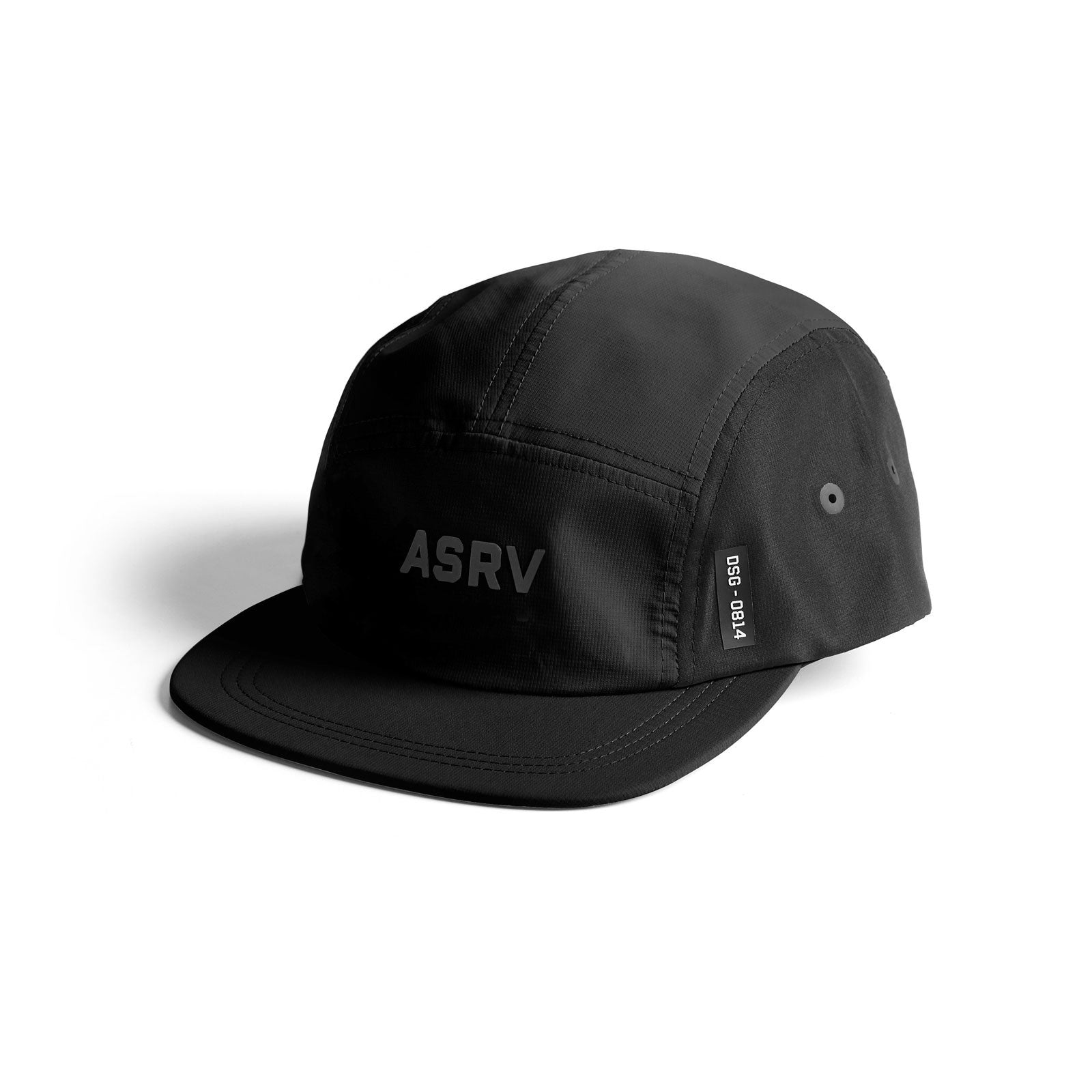 flatlay ASRV 0814 5-Panel Run Cap in black, angled side view