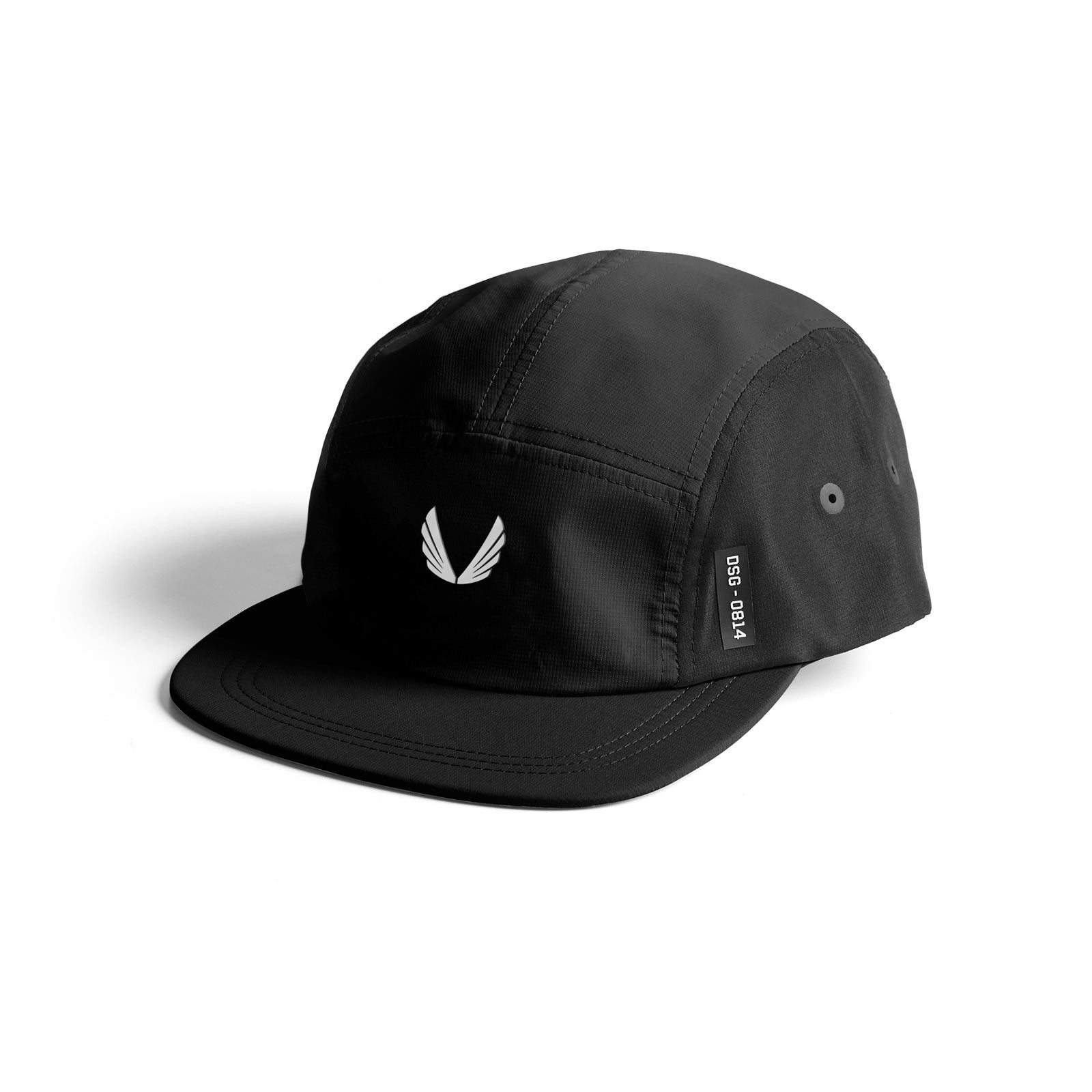 flatlay of black 5-panel run cap with white wings logo, side view